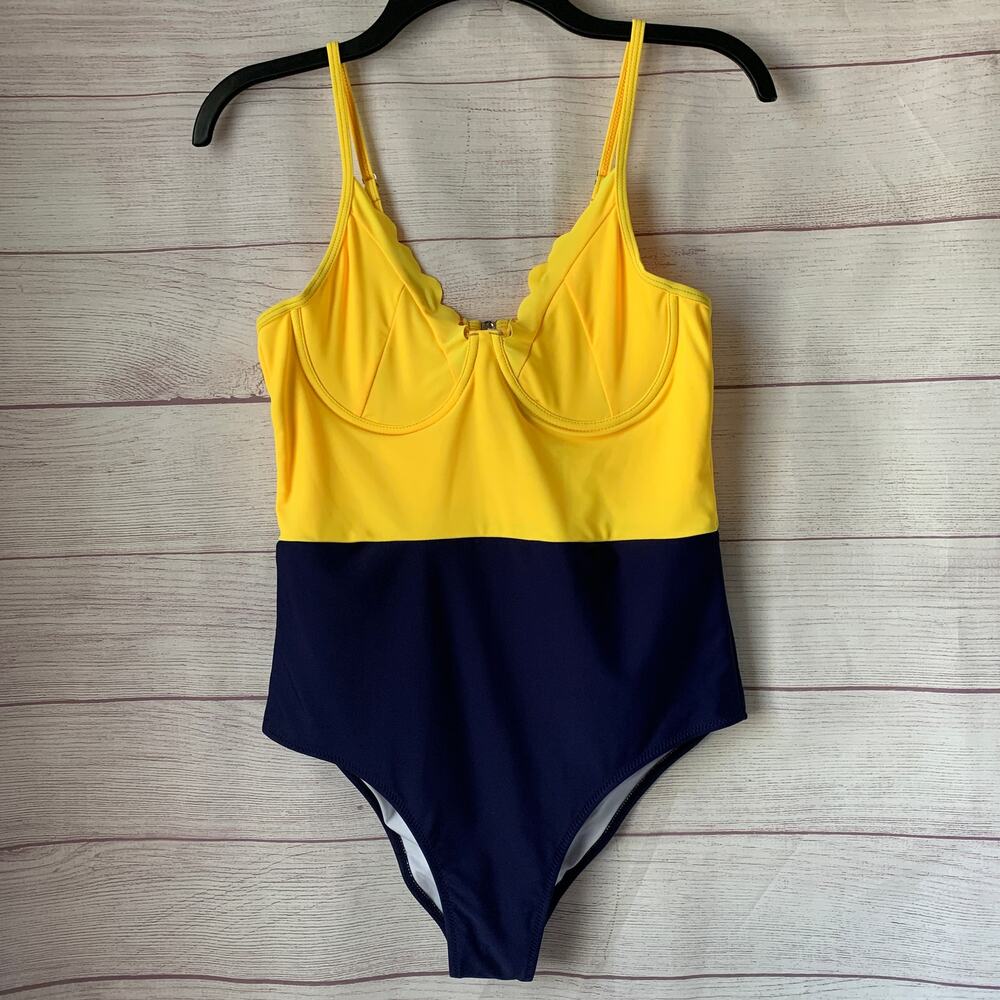 Beachsissi Yellow and Navy Blue One-Piece Swimsuit Scalloped Trim Size L